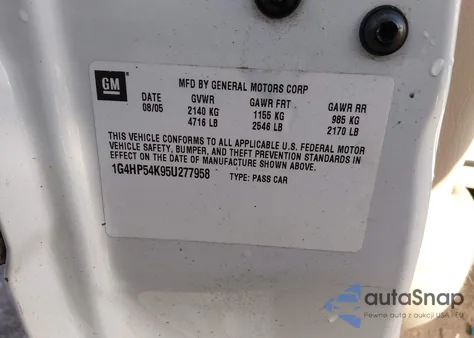 2005 Buick Lesabre Custom z USA, uszkodzony, nr VIN 1G4HP54K95U277958